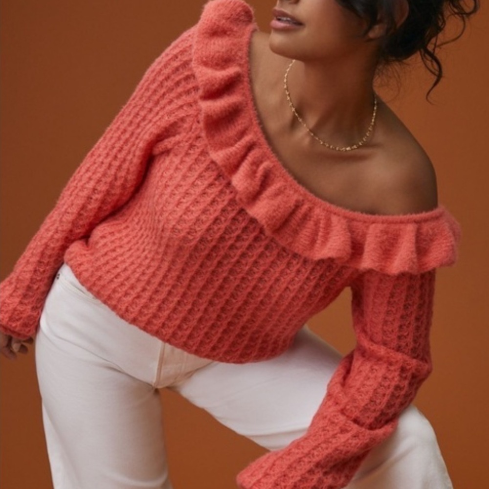Anthropologie Boat Neck Ruffle Waffle Knit Sweater Pink Size S